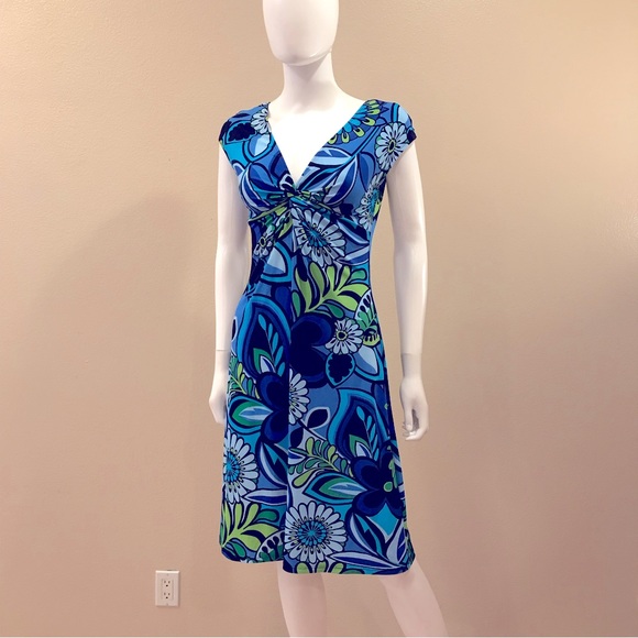 Lizzatti Short Sleeve Dress Womens Size Small 4 6 Blue Green Mid Length Stretch - Picture 15 of 16